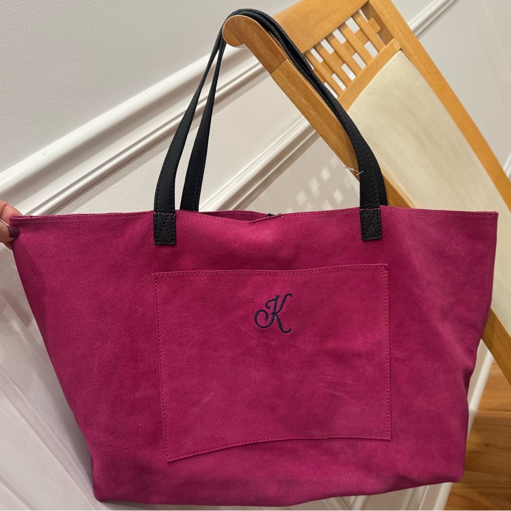 Mark & Graham Boho Tote Hot Pink Fuchsia Suede leather Handbag Purse Monogram K